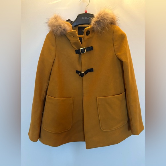 Maje Mustard Yellow Toggle Coat with real Fur Collar - Picture 3 of 6
